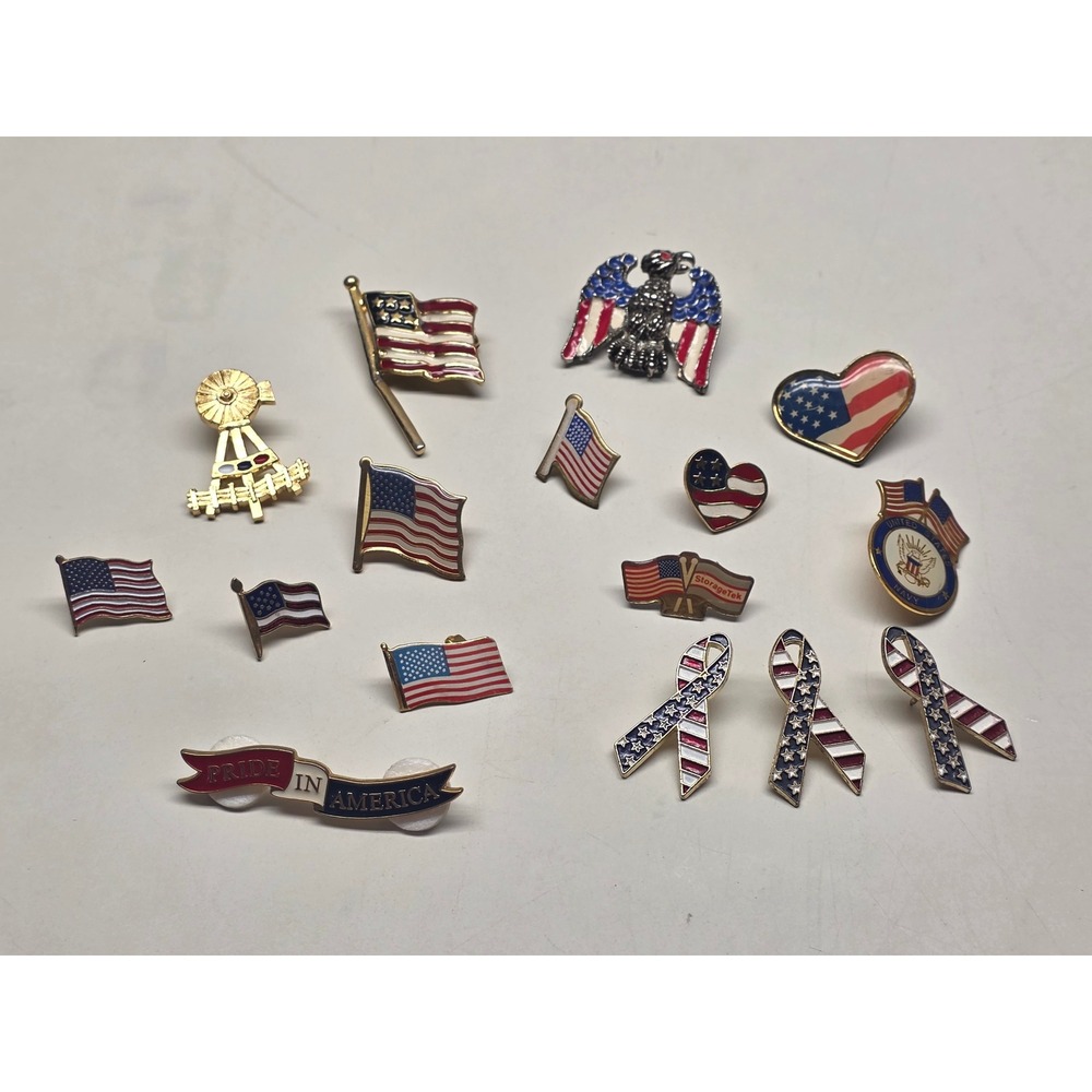 Vintage Patriotic American Flag Lapel Pin Lot 16pc Eagle Navy Pride In America